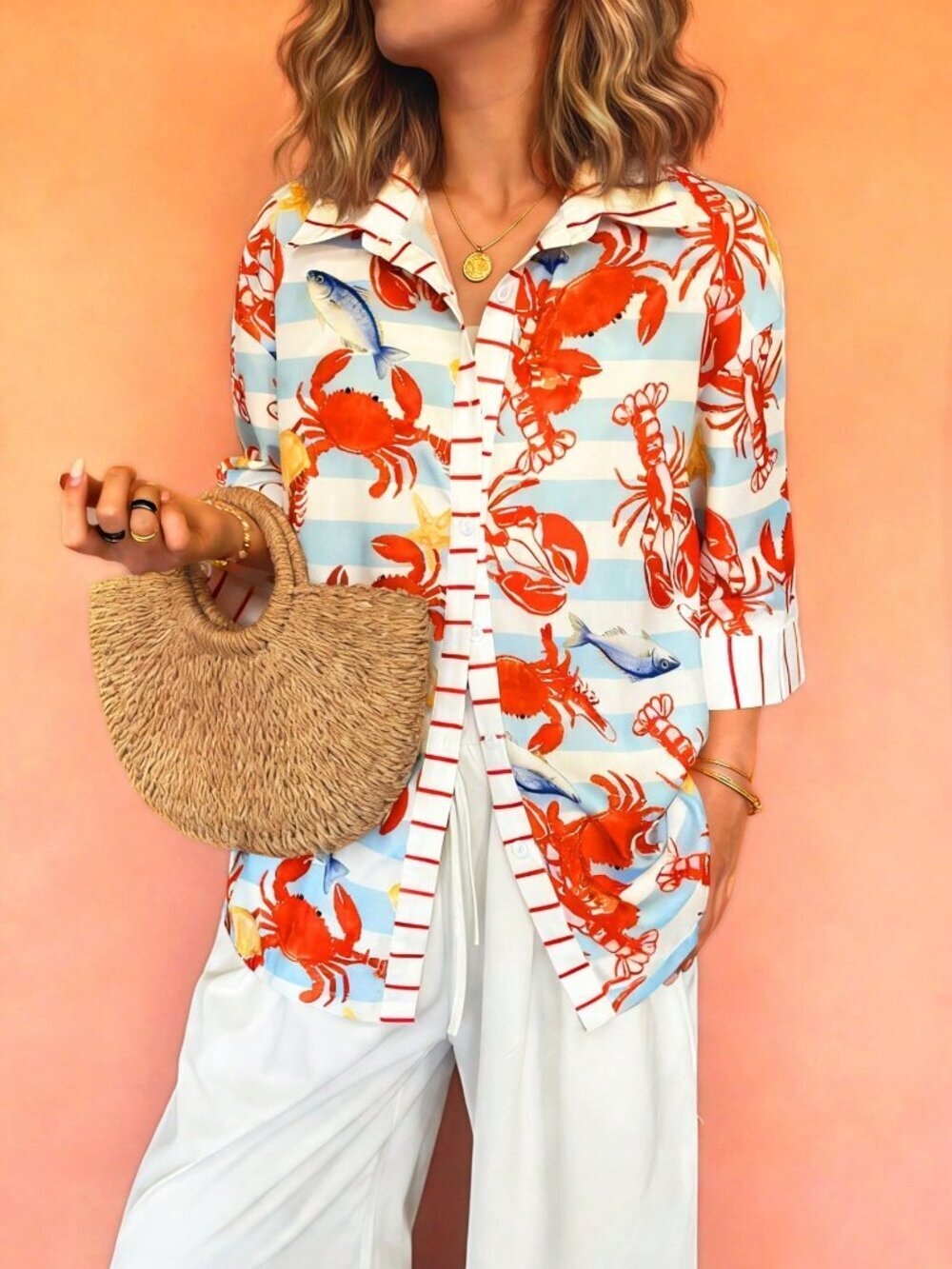 Boho Women's Turndown Collar button down Crab & Lobster Print Casual Shirt - Picture 6 of 6